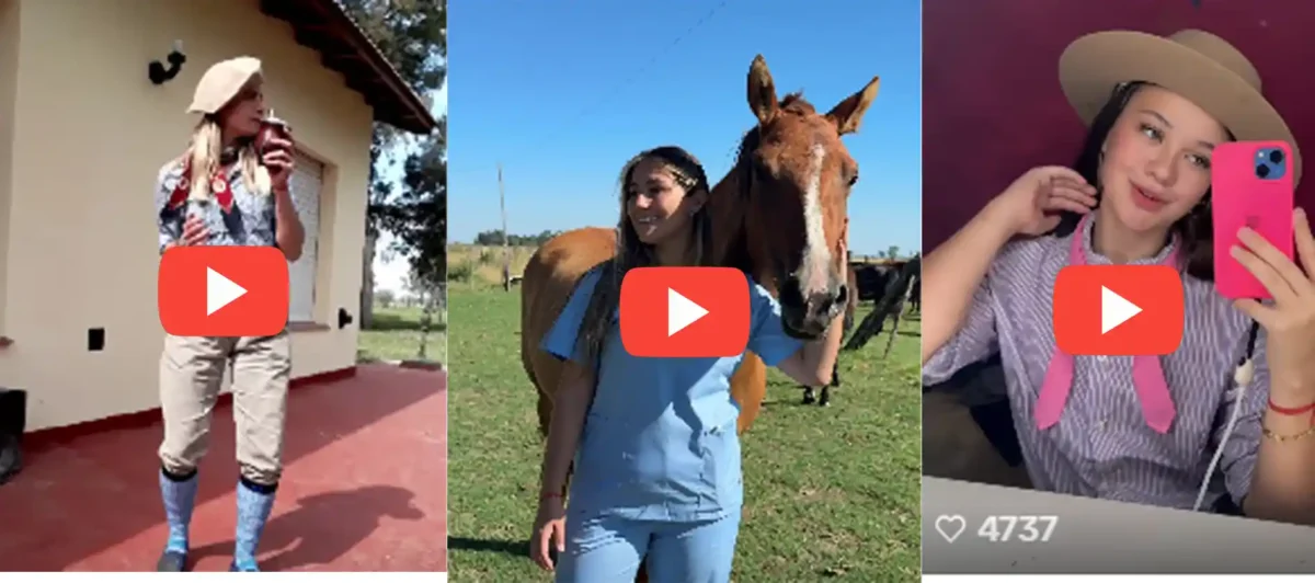 Joven mujer rural del sur cordobés sonriendo junto a un tractor en plena cosecha.