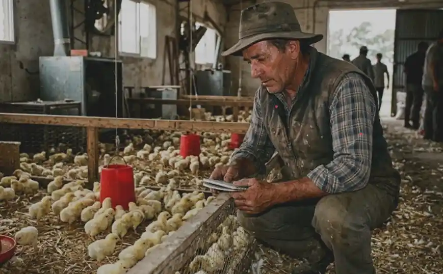 Especialista realizando técnica de sexado de pollos en una granja avícola de Río Cuarto.