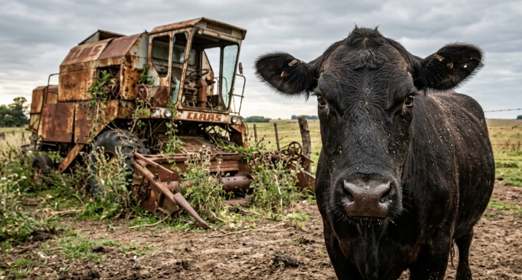 Una cosechadora abandonada y oxidada en un rincón, y en primer plano una vaca mirando fijamente a cámara.