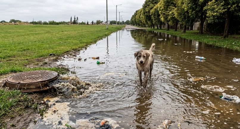 EMERGENCIA SANITARIA EN BANDA NORTE: Ríos de materia fecal recorren la calle Manco Cápac y amenazan la salud de los vecino perro mojado con las aguas negras de la cloaca imagen solo a modo de representacion ia