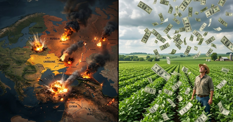 Una imagen partida al medio. De un lado, explosiones y humo en un mapa de Europa/Asia. Del otro, un campo de soja argentino con lluvia de billetes de cien dólares. Texto en rojo y blanco: "PLATA MANCHADA".
