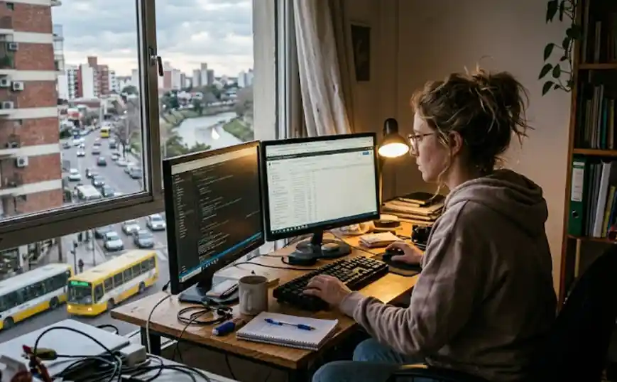 Persona trabajando con dos monitores en un departamento del macrocentro de Río Cuarto.