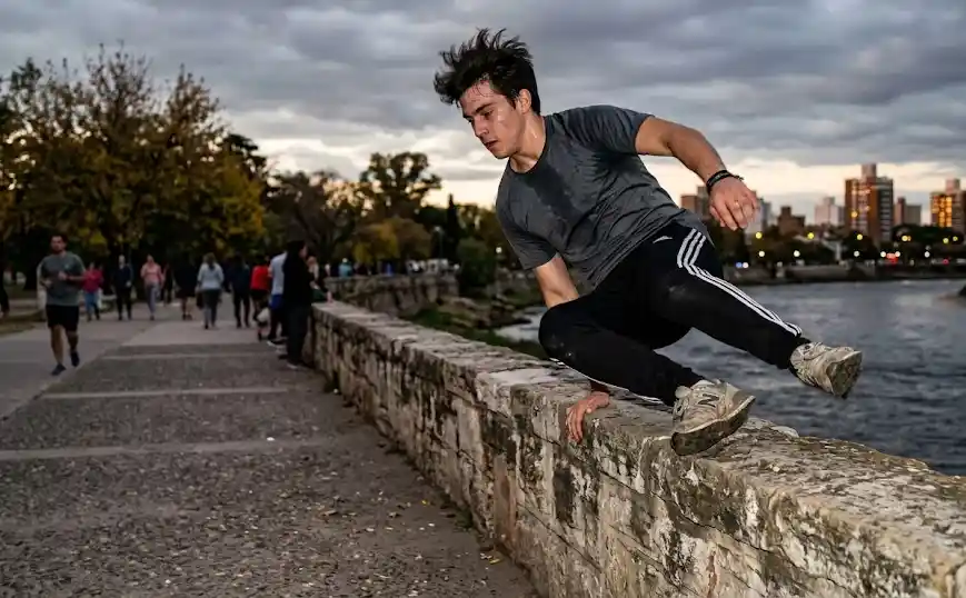 oven realizando un salto de parkour sobre un muro de piedra en la Costanera de Río Cuarto al atardecer.