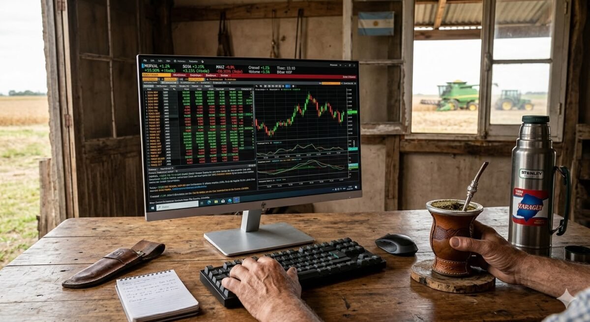 Una captura de alta calidad de una pantalla de operaciones financieras (con números verdes y rojos) en un ambiente rústico, quizás con un mate al lado. Refleja la dualidad del campo moderno.