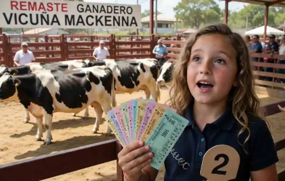 India Becerra de 7 años con tickets en la mano en remate ganadero de Vicuña Mackenna comprando sus primeras vacas holando