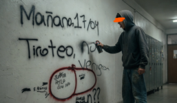 Cartel de escuela con una pared pintada detrás, cinta de precaución amarilla cruzando y el título en grande: Alerta en las aulas. En una esquina, un sello rojo