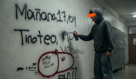 Cartel de escuela con una pared pintada detrás, cinta de precaución amarilla cruzando y el título en grande: Alerta en las aulas. En una esquina, un sello rojo