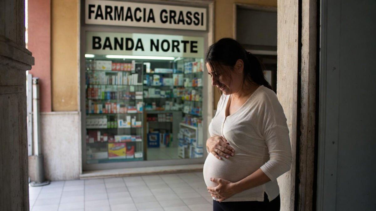 Embarazada de seis meses frente a Farmacia Grassi en Banda Norte, Río Cuarto
