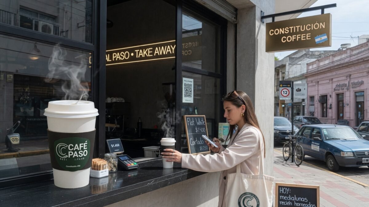 Persona retirando un café al paso en un local moderno de la calle Constitución en Río Cuarto.