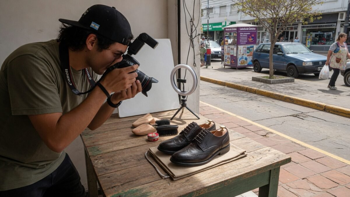Un joven riocuartense sacando una foto profesional a un par de zapatos sobre una mesa de madera, con la calle de fondo