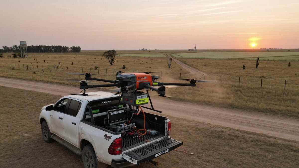Un drone profesional sobrevolando un lote de maíz en las afueras de Río Cuarto durante el atardecer.