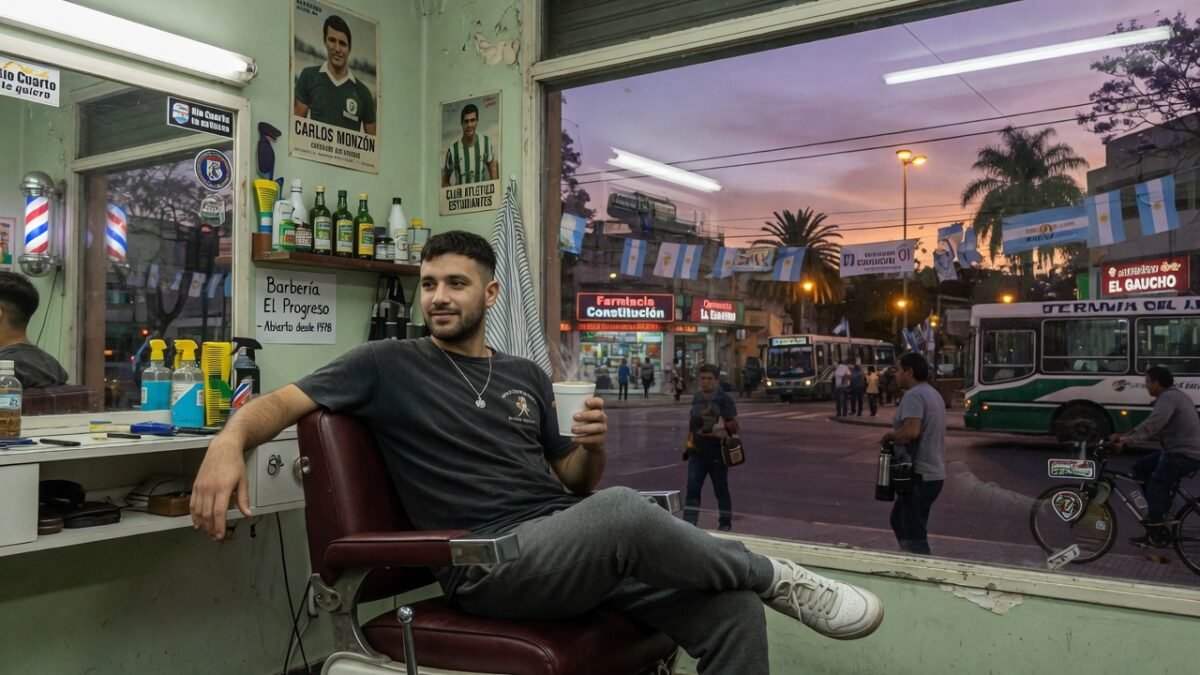 Barbero profesional realizando un perfilado de barba con navaja en un local del centro de Río Cuarto.