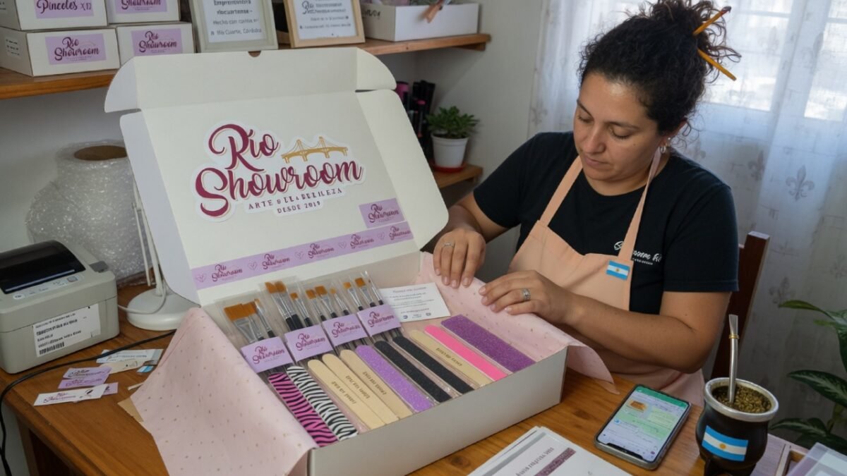 Estantería organizada con esmaltes semipermanentes de colores vibrantes y herramientas de manicuría profesional.