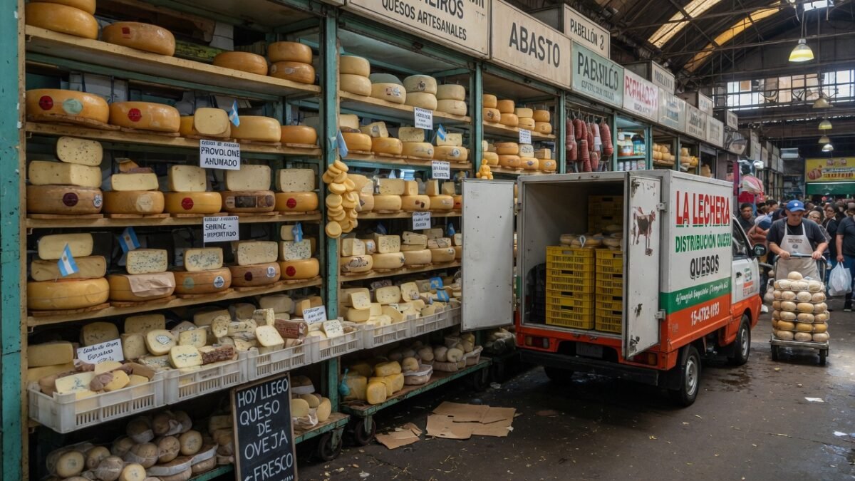 Una foto de estanterías con quesos o un camión de reparto en el Mercado de Abasto.