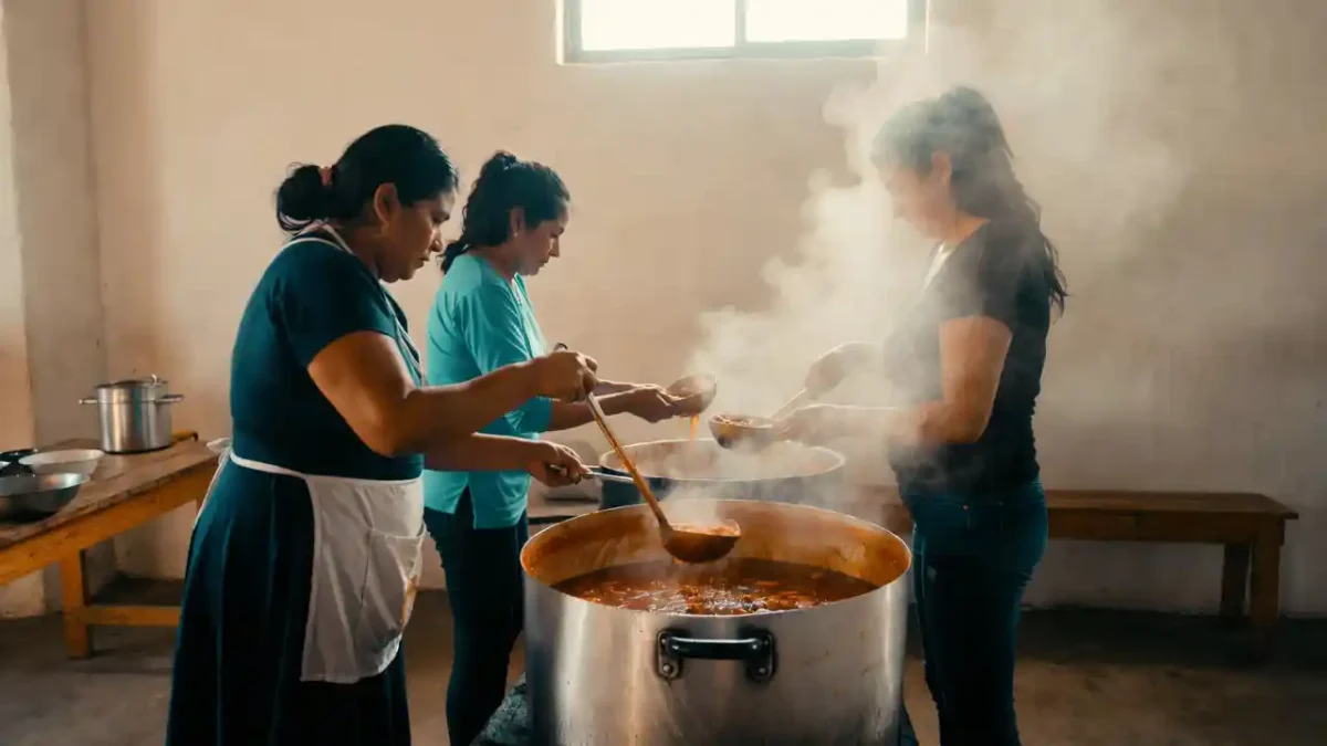 Tres mujeres sirviendo guiso caliente en el Comedor Rincóncito del Amor en Barrio Alberdi, Río Cuarto