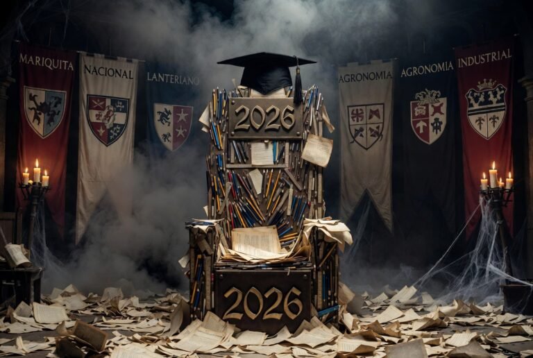 Trono épico hecho con exámenes escolares, carpetas y lapiceras con el número 2026, símbolo del premio de egresados del Juego de Promos en Río Cuarto.