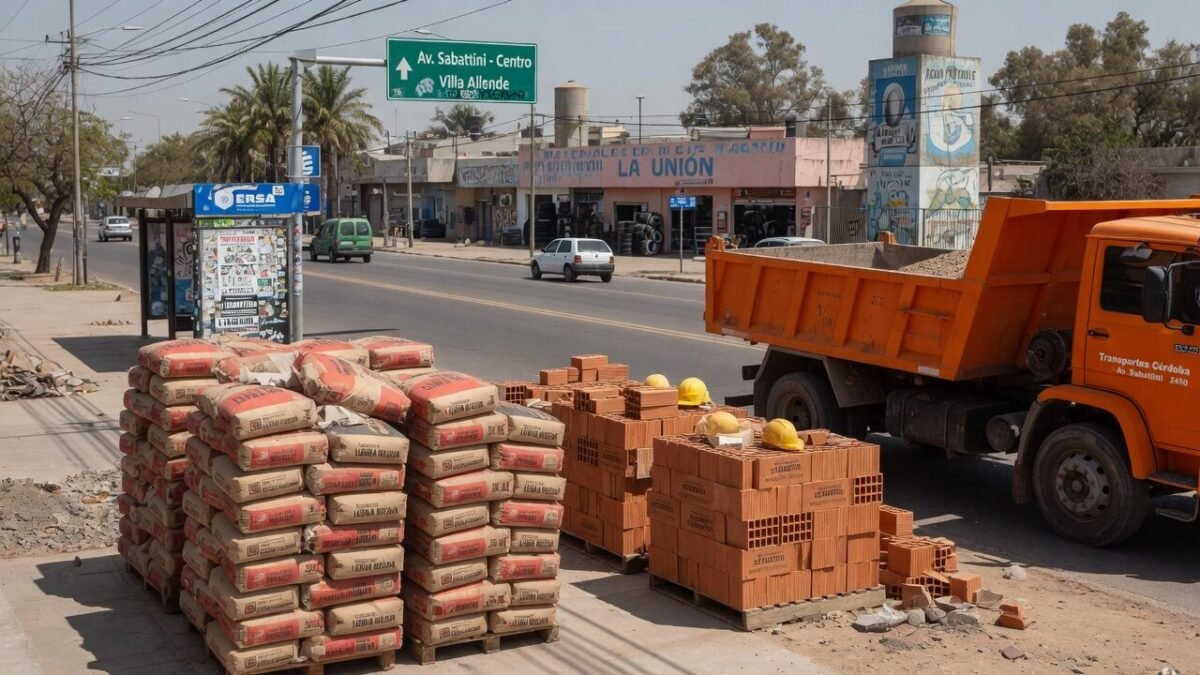 Una foto de materiales de construcción (bolsas de cemento apiladas, ladrillos o un camión volcador) con un fondo que remita al sector de Av. Sabattini.