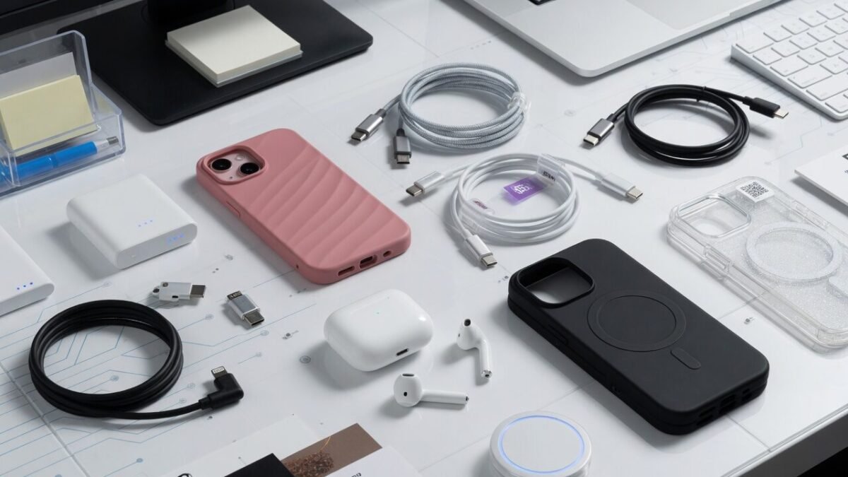 Una foto nítida de accesorios para celulares (auriculares, cables tipo C, fundas) sobre un fondo blanco tecnológico o una oficina de despacho moderna.