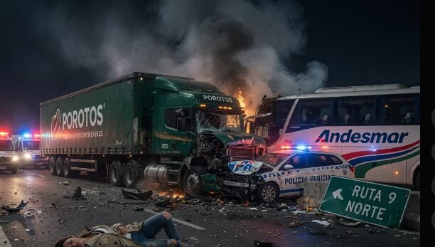 Así quedó la escena en el kilómetro 885: el camión del agro impactó con furia contra patrulleros, colectivo y camionetas. Una mujer no lo contó.