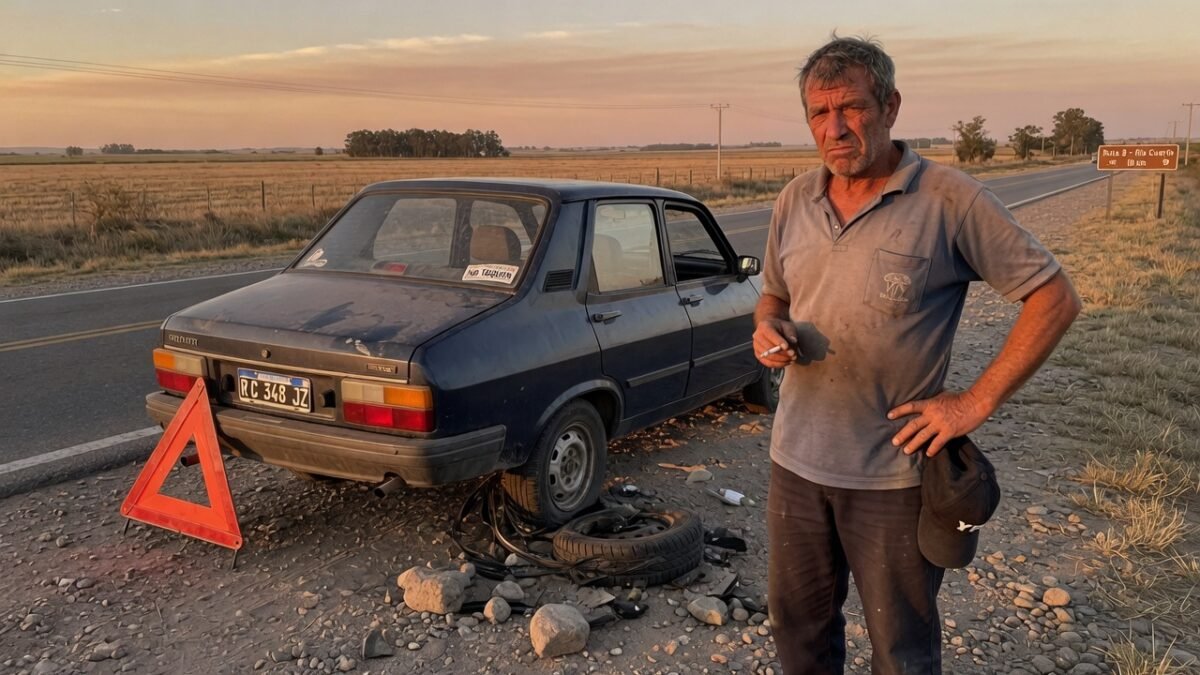 Goma reventada por piedras tiradas con gomera en la Ruta 8 de Río Cuarto