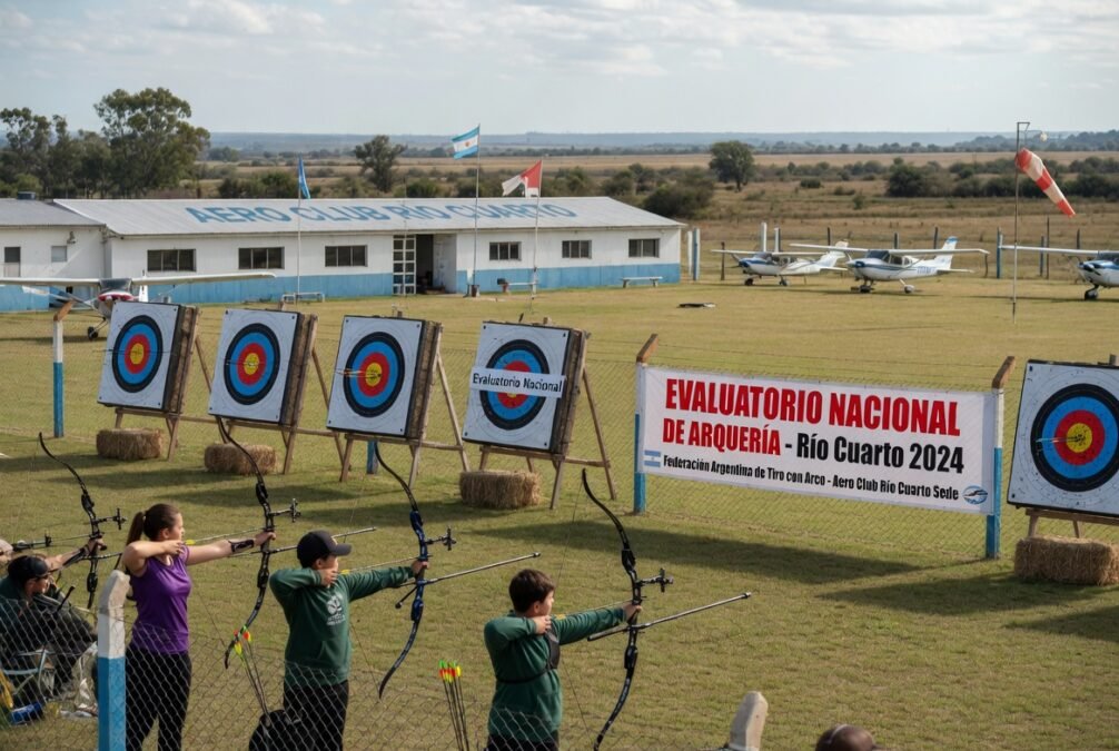 Arquero riocuartense tensando el arco en el Aero Club Río Cuarto durante práctica de tiro con arco