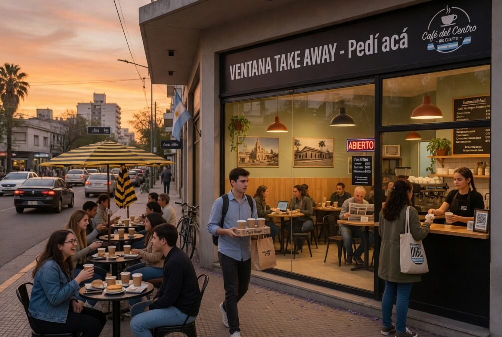 Cafetería acogedora de barrio en Banda Norte de Río Cuarto con clientes tomando café por la mañana