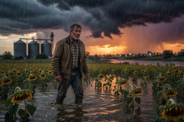 Tormenta intensa sobre campos de girasol en Río Cuarto con nubes negras y agua acumulada