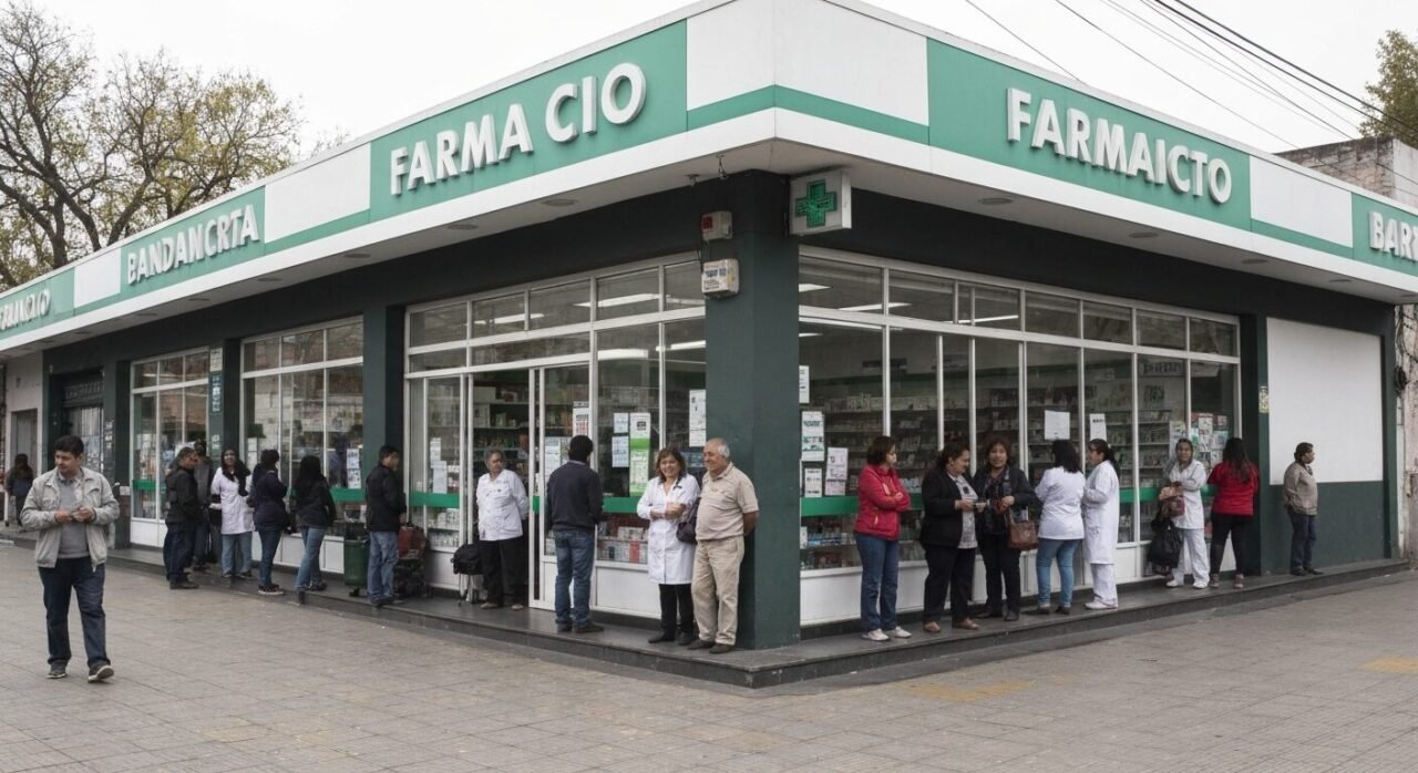 Fachada de farmacia en Banda Norte, Río Cuarto, con clientes y ambiente urbano auténtico