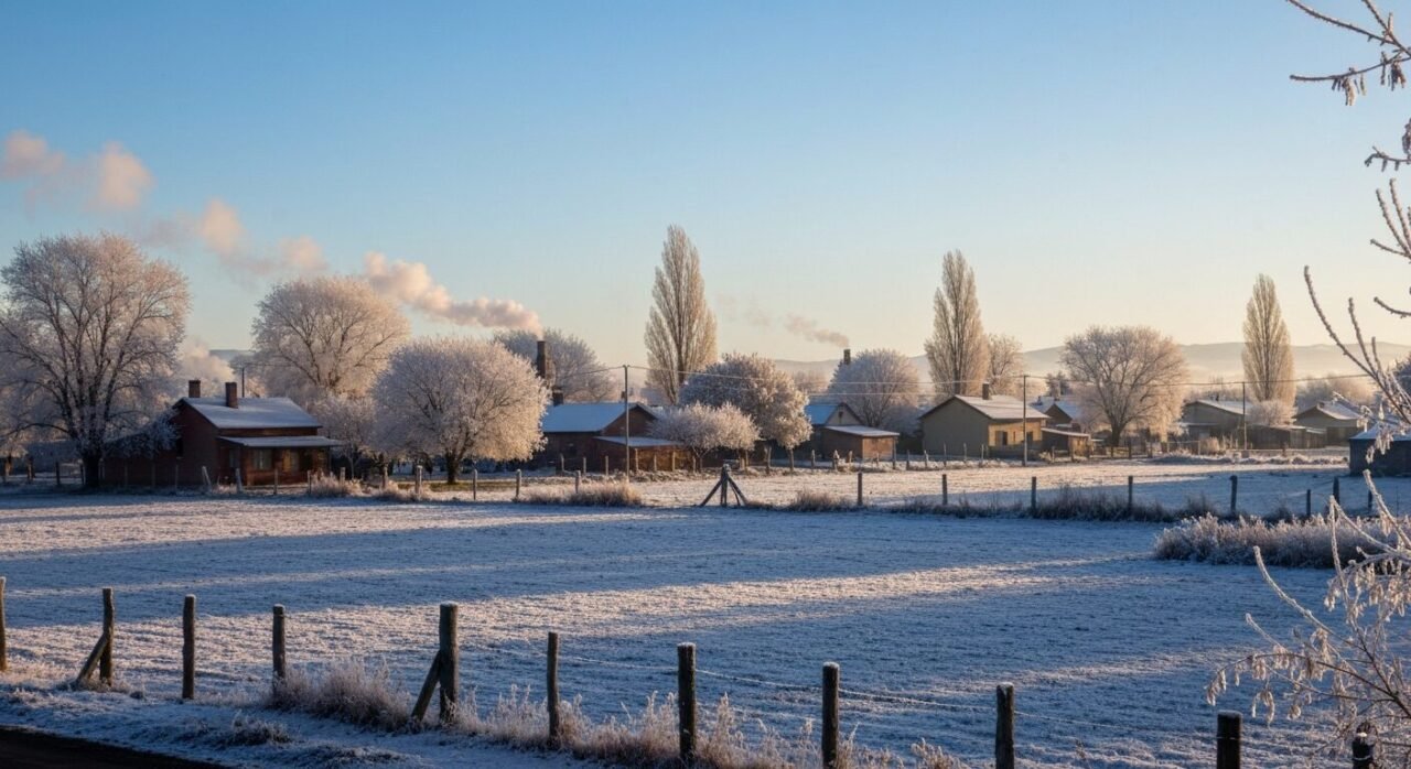 Paisaje helado con árboles cubiertos de escarcha al amanecer en Río Cuarto