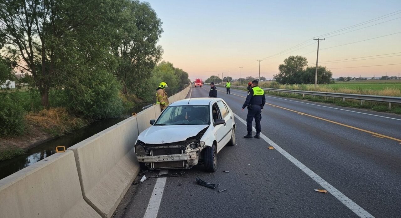 Auto blanco accidentado apoyado en el muro de un canal en una ruta con tránsito pesado, con bomberos y policías en el lugar
