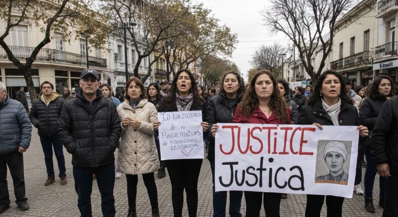 Manifestantes marchando en Río Cuarto con carteles pidiendo justicia por Agostina Vega