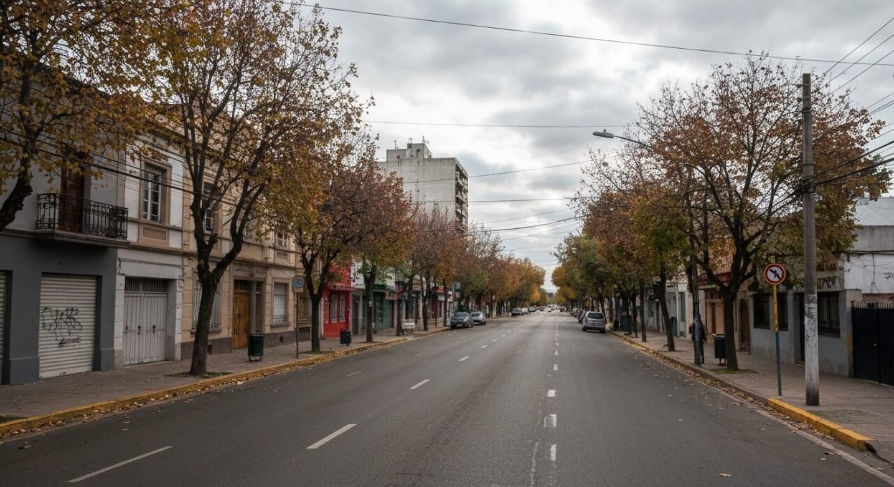 Ciudad de Río Cuarto con cielo nublado y clima frío típicos del otoño