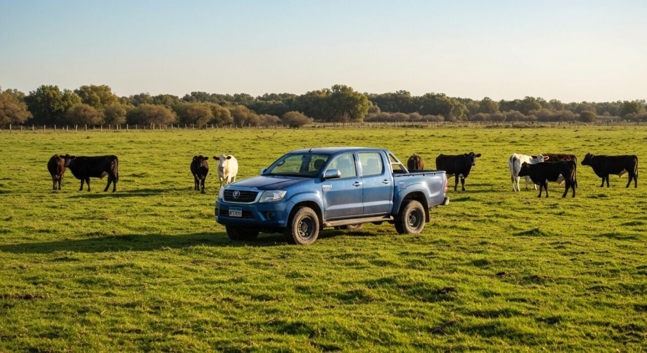 Camioneta Toyota Hilux 4x4 estacionada en un campo con ganado alrededor