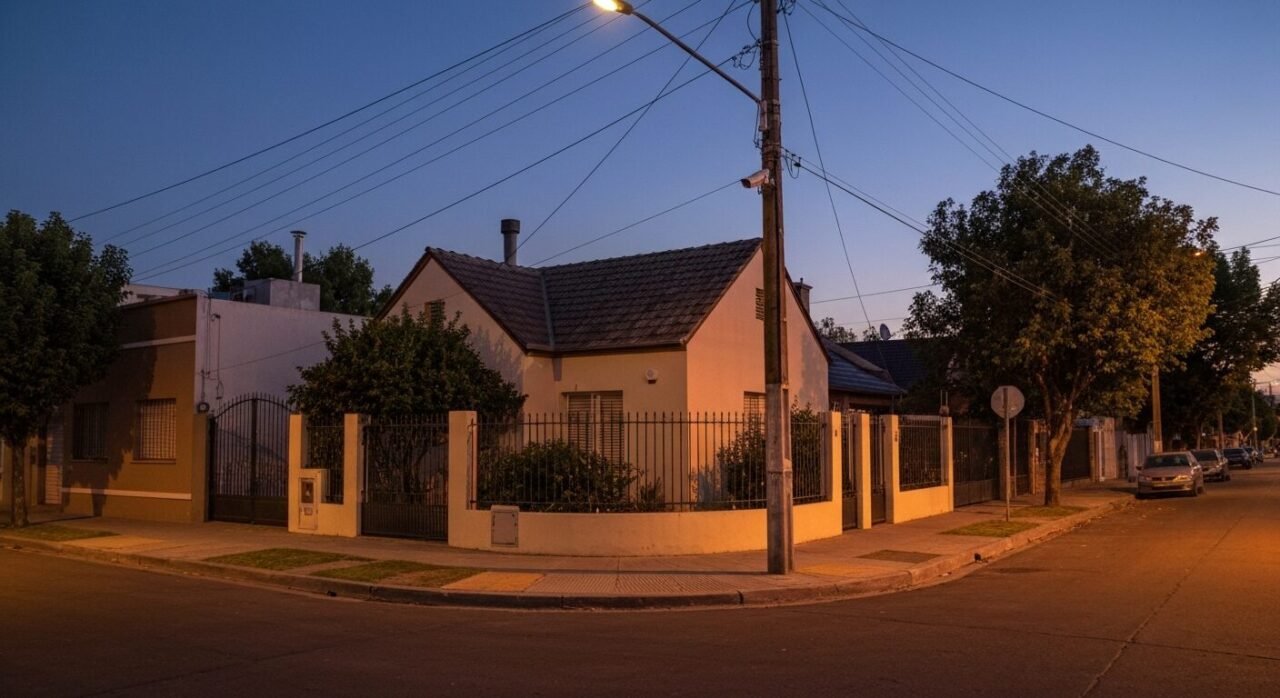 Barrio residencial de Río Cuarto con cámara de seguridad en primer plano